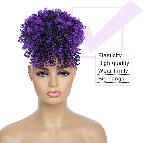 Drawstring Ponytail with Bangs Afro Puff Ponytail Extensions for Women Short Curly Puff Ponytail with Bangs Clip in Wrap Updo Hairpiece(Tpurple) - color: Tpurple