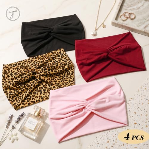 Wide Headbands for Women's Hair, 4 Pcs Hair bands – Vintage Turban Elastic Head Bands Adult Women Soft Head Wraps Knotted for Yoga & Workout – Summer Fashion Hair Accessories (Pink) - color: Pink
