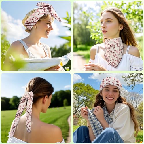 Floral Bandanas for Women Men, 27" x 27" Large Cotton Bandana Headband Head Wraps Hair Scarf for Beach Camping - color: White Red Floral-twig