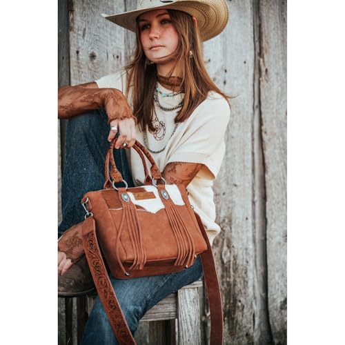 Montana West Western Cowhide Crossbody Bag for Women Designer Leather Tassel Top Handle Handbags - color: Brown