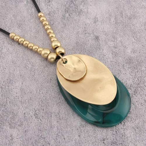 GelConnie Leather Necklace for Women Large Pendant Long Brown Necklace Circle Leather Choker Vintage Sweater Necklace Gold Chunky Boho Necklaces for Women - style: Gold Beads Blue Necklace