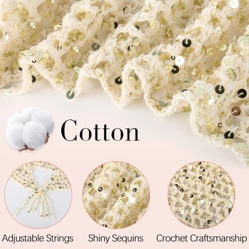 Ababalaya Crochet Cotton Head Scarf Boho Hollow Out Triangle Scarf with Shiny Sequin Y2K Hair Scarf - color: Beige