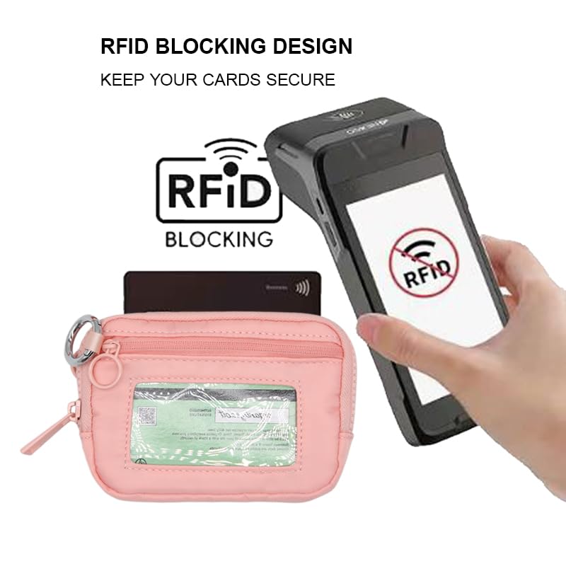 Wristlet Wallet for Women Mini Zip Card Case with Clear ID Window Zipper Coin Purse Lightweight Portable Keychain Wallet - color: Pink