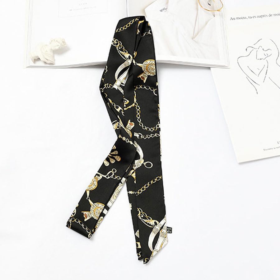 Long Thin Skinny Scarf Satin Neckerchief Ribbon Tie Waist Belt for Women - color: Chain Black