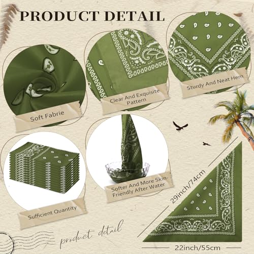 Suhine 12 Pcs Bandanas Bulk for Women Men 22 x 22 Inch Paisley Headband Cowboy Handkerchief Summer Beach Party Costume - color: Olive Green