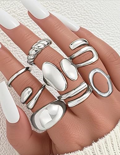 12Pcs Gold Chunky Rings 18K Gold Plated Stackable Open Knuckle Ring Set Hollow Heart Twist Croissant Dome Band Statement Finger Rings for Women Gold Silver Tone Adjustable - color: B-Sliver