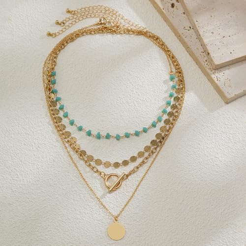 Layered Boho Necklace for Women Turquoise Stackable Sequin Coin Pendant Necklace Charm Toggle Clasp Beaded Chain Beach Prom Dresses Accessories - color: Gold-Round