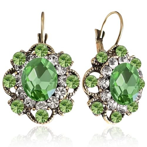 Handmade Bohemian Vintage Gold Sparkly Crystal Round Flower Leverback Earrings Cute Rhinestone Geometry Dangle Drop Earring for Women - color: Grass Green