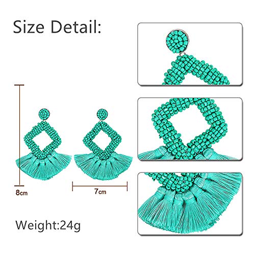 Long Tassel Earrings Statement Bohemian Pom Ball Handmade Drop Dangle Earrings for Women - style: S-Green