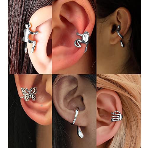 35 PCS Gold Silver Adjustable Ear Cuffs Earrings for Women Non-Piercing Cartilage Clip on Earrings Wrap Ear Jewelry Set,Punk Snake Butterfly Claw Stud Earrings for Women Gift - color: Silver