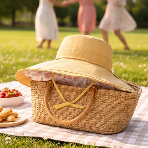 Wide Brim Sun Hat for Women Reversible Beach Hats Metal Wired Edge Gardening Hats, UPF 50+ Bucket Summer Hat - color: Yellow