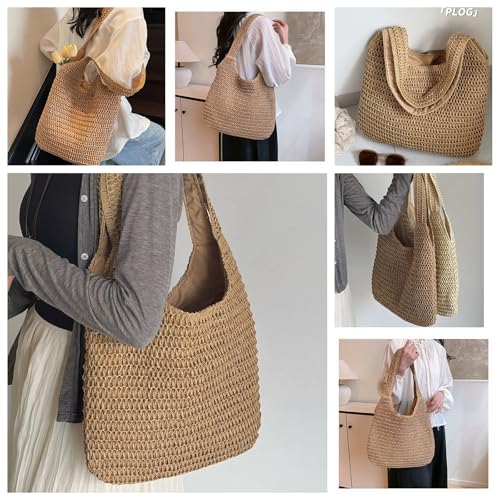 Aphoraeny Straw Beach Bag Buckets Totes Handbag Shoulder Tote Bag Straw Purse Summer Purse Women Summer Handbag - color: C-brown