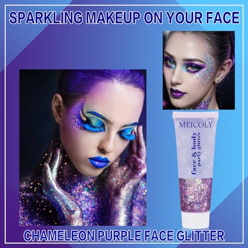 MEICOLY Chameleon Purple Hair Glitter,Holographic Chunky Face Body Glitter,Mardi Gras Accessories for Women,Self-Adhesive Color Changing Mermaid Face Glitter,Festival Makeup for Face Body Hair - color: chameleon purple body glitter
