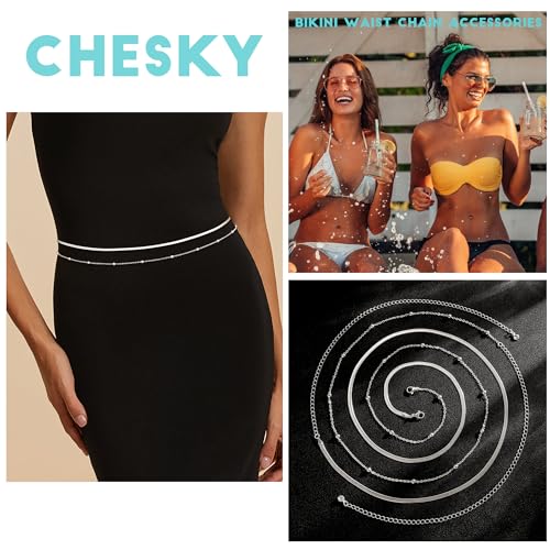 CHESKY 14K Gold Plated Silver Plated Waist Chain for Women, Layered Belly Belt Chains Beach Waist Beads Chain Waterproof Snake Cuban Body Chain Summer Jewelry Accessories for Women - style: snakebead-sl