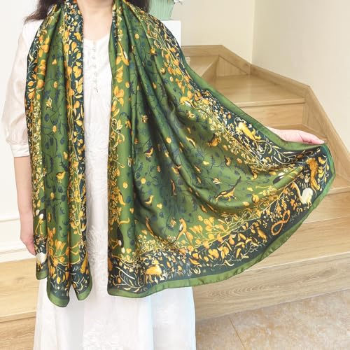 Long Silk Like Scarf Lightweight Satin Scarves Large Sunscreen Shawl Wrap for Women - color: 001.birds and Flowers Green
