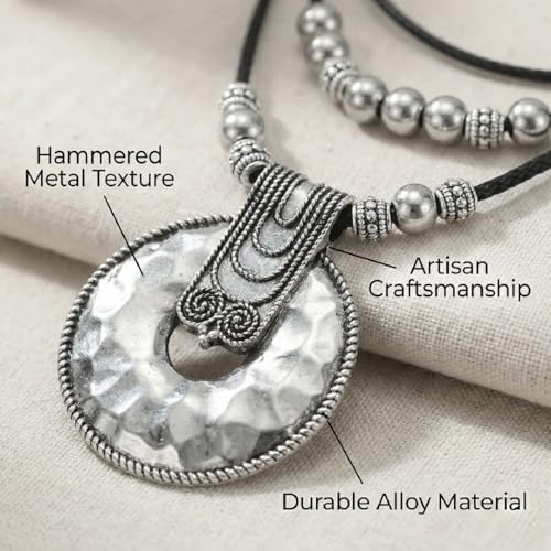Chunky Boho Leather Necklace for Women,Silver Vintage Long Necklaces Hammered Circle Pendant Beaded Necklace Trendy Jewelry Gifts for Women