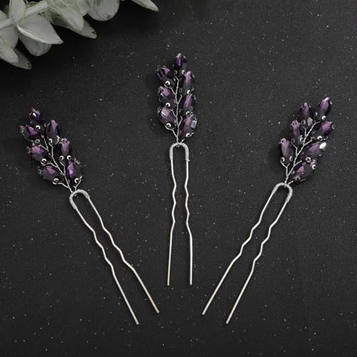 3pcs Purple Rhinestones Hair Piece Set for Wedding Bridal Vintage Hair Styling Jewelry for Women Girls Prom Banquet (Purple) - color: Purple