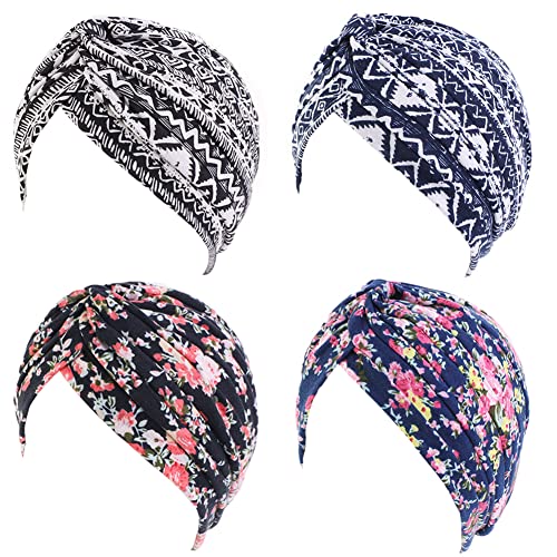 beauty YFJH Women's Cotton Turban Head Wrap Cancer Chemo Beanies Cap Headwear Cap Bonnet Hair Loss Hat - color: Ethnic Black/Ethnic Navy/Black Flower/Navy Flower