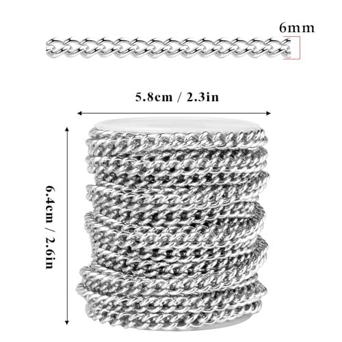 33FT Stainless Steel Curb Chain Roll, 6mm 304 Stainless Steel Flat Twisted Links Curb Chains Bulk Spool for Jewelry Making Necklace DIY Craft - color: Stainless Steel, size: 6.0mm width