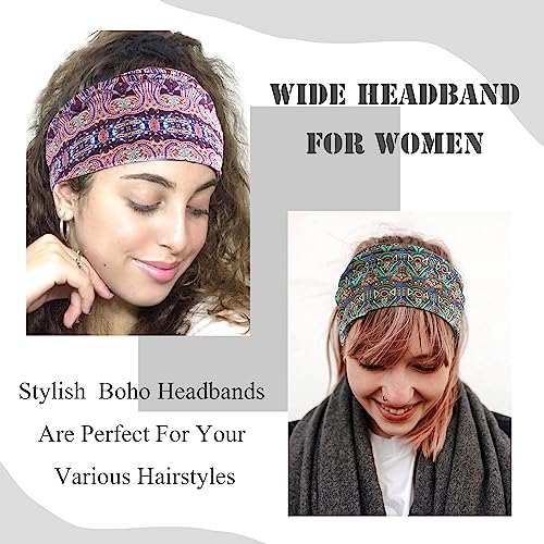 FULZTEY Boho Headbands for Women Chic Floral Printed Hairbands Wide Knotted Turban Elastic Yoga Running Workout Headband African Head Wraps Fashion Hair Accessories for Women Girls 4pcs - color: Style 9