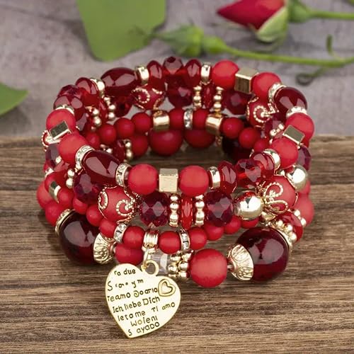Women Beaded Bracelet Set | Colorful Boho Stackable Trendy Design with Crystal Accents Multilayer Bangle Bracelet | Fashion Stretch Braclets Jewelry for Women - color: Dark Red