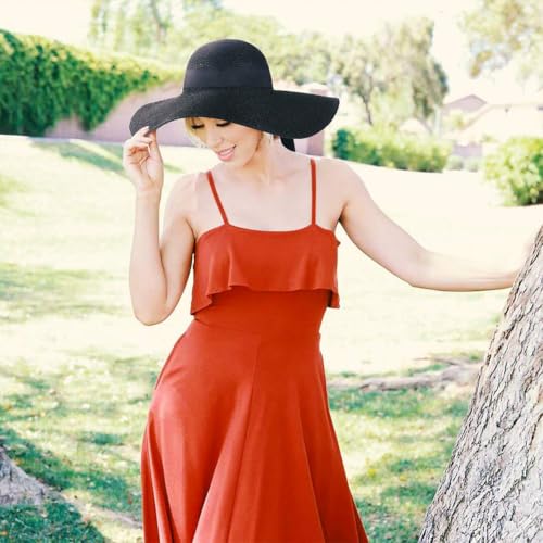 FURTALK Womens Sun Straw Hat Wide Brim UPF 80 Summer Hat Foldable Packable Floppy Beach Hats for Women - color: Pure Black, size: Medium-Large