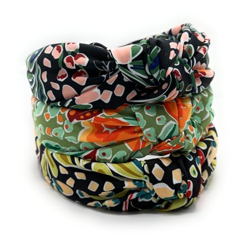 Headbands for Women Year-round Watercolor Print Floral Pattern Green Orange, Colorful Flower Satin Womens Head bands, Silk Feel, Soft Fabric, Knotted Headband Fashion Designer Top Knot Girl - color: Green/Orange Watercolor Flower