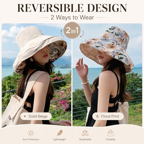 HUAMULAN Women Summer Sun Hat Wide Brim Wired Edge Floral Beach Bucket Hats Reversible Foldable Travel UV Protection Lady Hat - color: M2320-beige
