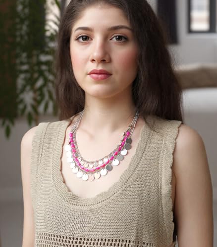 Noessla Layered Beaded Chunky Necklace for Women Boho Two-color Shell Statement Necklace Fashion Collar Costume Jewelry Gifts for Mum - color: 94-Hot Pink