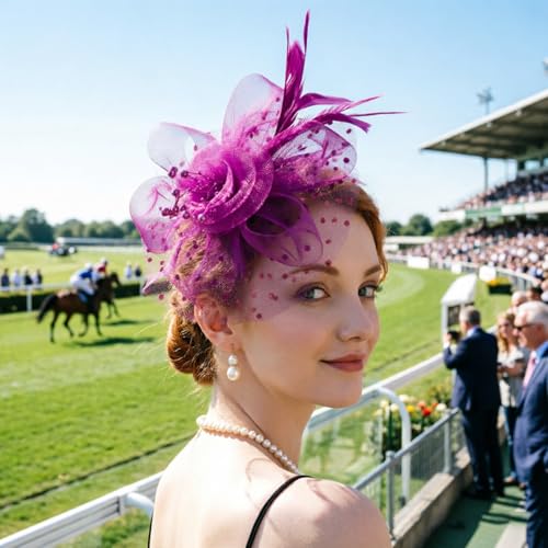 DRESHOW Fascinators Hat Flower Mesh Ribbons Feathers on a Headband and a Clip Tea Party Headwear for Girls and Women - color: 7" Diameter / Dark Reddish Purple