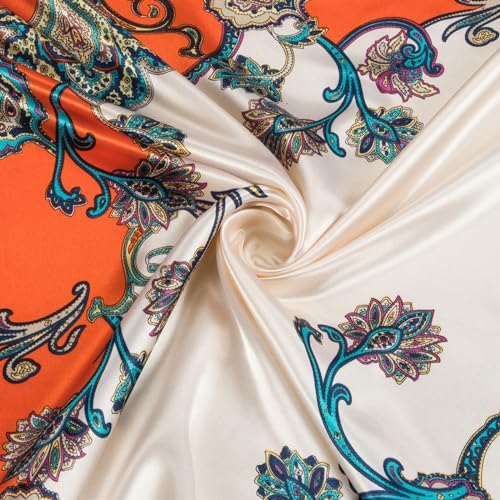 RIIQIICHY Head Scarf for Women Like Silk Scarf Hair Scarf Printed Square Scarf Bandanas for Women 35 Inches - color: Beige/Orange/Navy