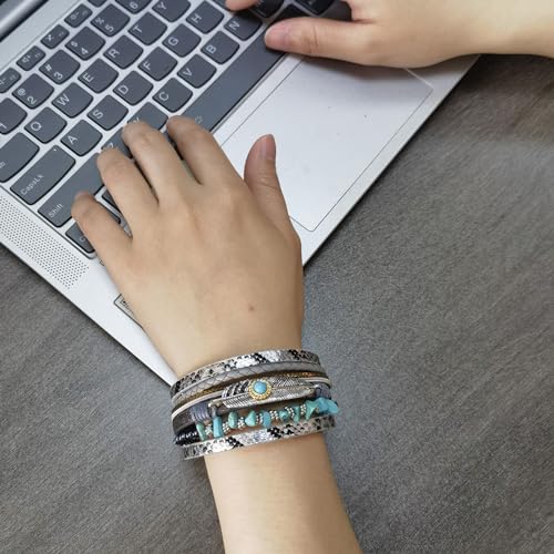 Turquoise Bracelet for Women, Boho Multilayer Leather Bracelet with Feather and Magnetic Clasp, Western Turquoise Jewelry - color: Silver
