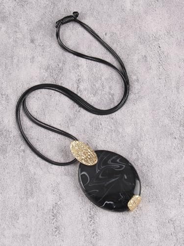 GelConnie Leather Necklace for Women Large Pendant Long Brown Necklace Circle Leather Choker Vintage Sweater Necklace Gold Chunky Boho Necklaces for Women - style: Black Large Gold Necklace