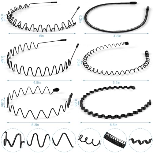6PCS Metal Hair Bands, Spring Wavy Hoop Unisex Black Headband Slicked Back Non Slip Sports Hairband for Women Men… - color: 6 pcs