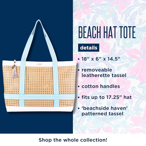 Lilly Pulitzer Travel Tote Bag with Hat Holder Strap, Caning Beach Bag with Tassel Keychain - color: Beachside Haven