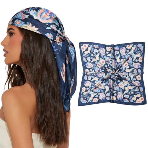 AWAYTR 27.5” Square Satin Head Scarf Hair Scarf for Women's Hair Silk Bandana for Women Silk Head Wrap for Sleeping - color: Cashew (Dark Blue)
