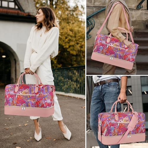 ITIEZY Weekender Overnight Bag for Women - Large Travel Duffel Bag with Shoe Compartment, Gym Duffel Bag Hospital Bag Carry On Tote Bags for Airplanes with Crossbody Bag Toiletry Bag 3Pcs Set - color: 8a-Pink
