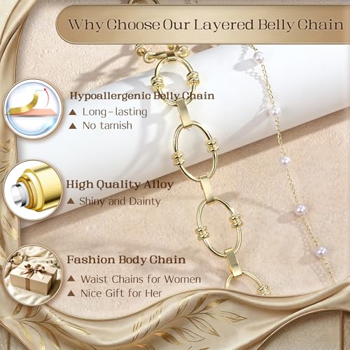 Florideco Waist Chain Belt for Women, Layered Belly Chain, Waterproof Boho Pearl Concho Cuban Body Chain, Adjustable Summer Beach Coachella Fashion Jewelry for Jeans Dresses - style: Gold Plated-Pearl Chain
