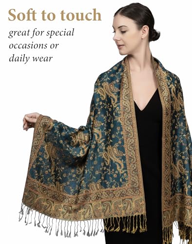 Achillea Reversible Paisley Pashmina Rave Scarf – Exotic Indian Shawls and Wraps for Evening Dresses, Festivals, All Seasons - color: Dark Seagreen