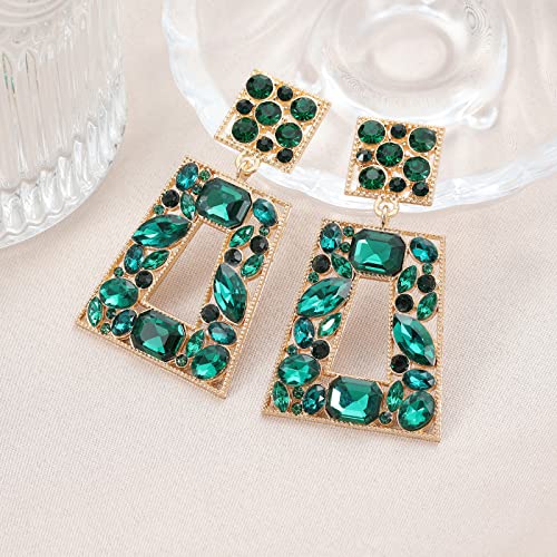 Rhinestone Rectangle Statement Earrings Colorful Crystal Geometric Drop Dangle Earrings for Women Prom Party - color: Green