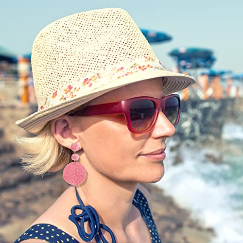 Boho Raffia Ball Earrings for Women, Handmade Statement Drop Earrings Straw Dangle Earrings Beach Vacation Jewelry - color: Pink
