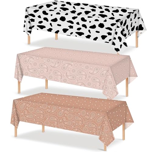 Tatuo Western Party Tablecloth Paisley Table Cover Bandana Plastic Table Cloth Rectangle Floral Tablecloth for Western Cowboy Themed Party 108 X 54 Inch(Dark Brown,Light Brown,Cow Pattern,3 Pack) - color: Dark Brown,light Brown,cow Pattern