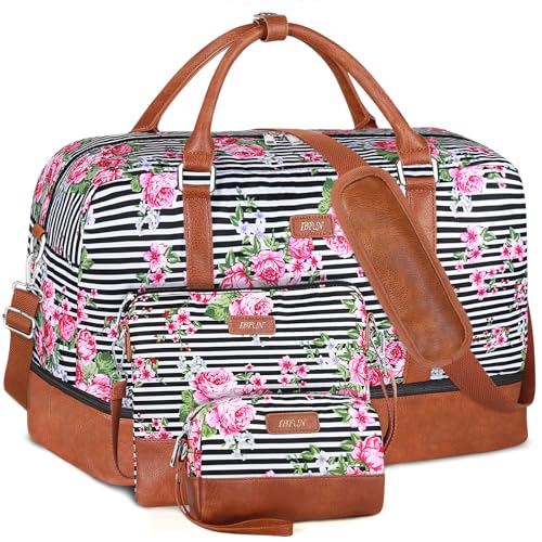 IBFUN Weekender Bags for Women, 21" Weekender Travel Bag, Travel Duffle Bag with Shoe Compartment Carry on Overnight Duffel Bag for Weekend Travel Business Trip, 3PCS - color: B5-Black Stripe