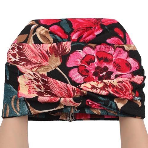 ZLYC Chemo Headwear for Women Pre Tied Turban Headwear Lightweight Beanie Hat - color: Flowers Black