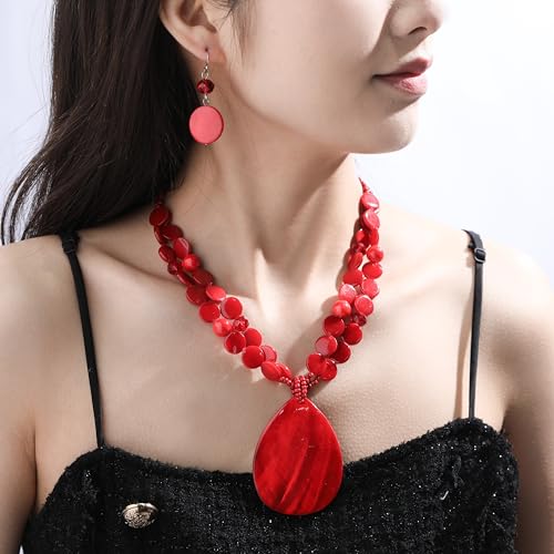 Big Teardrop Pendant Necklaces for Women Colorful Beaded Necklaces Statement Set for Holiday. - color: Red