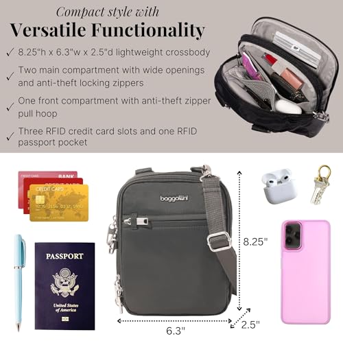 Baggallini Securtex® Anti-theft Mini Everything Crossbody Bag, 6.3"x8.25" Rfid, Locking Zippers & Cut-resistant Strap - color: Charcoal