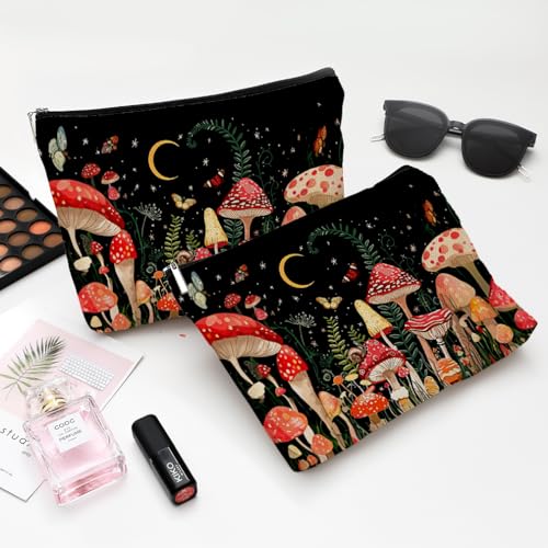 Small Makeup Bag for Purse Cute Canvas Waterproof Cosmetic Bags for Women Zipper Travel Toiletry Pouch-Mushroon Makeup Bags - color: Mushroon Makeup Bags
