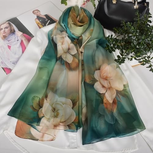100% Mulberry Silk Women's Neck Silk Scarf-Lightweight Shawl,FLoral Print Beach Silk Wrap-Scarves for Photography - color: Blue Green