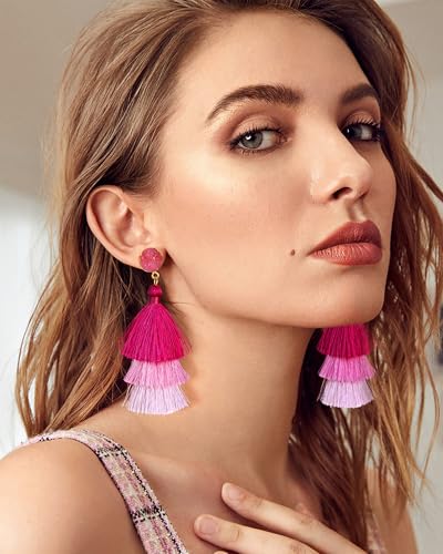 Me&Hz Colorful Layered Tassel Earrings Bohemian Statement Tiered Tassel Big Dangle Drop Earrings for Women Druzy Studs Valentine’s Day Gift - color: Pink ombre