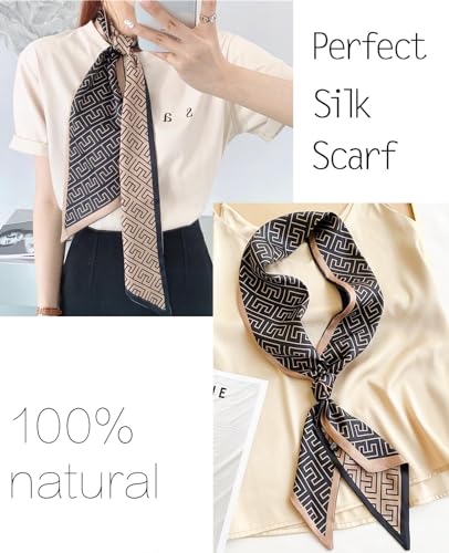 kcctoo 59" Mulberry Silk Like Head Scarf Women's Fashion Square Neck Satin Scarfs for Bag Hair Scarves Gift 59 * 5.9” - color: I18 Brown Squares 59" X 5.9"